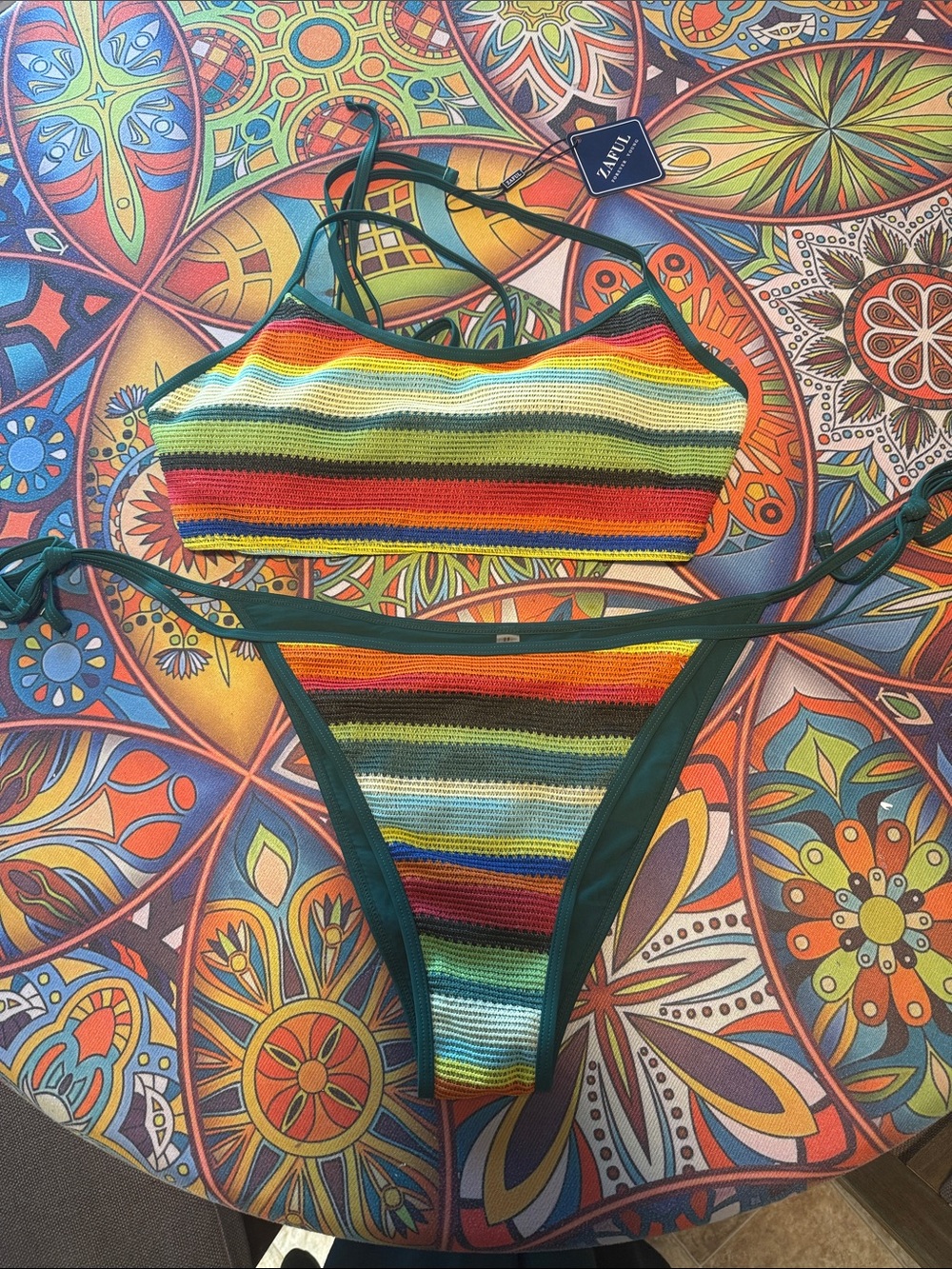 Zaful Green-Trim Rainbow Crochet Bikini